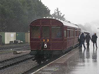 Railmotor No.93 arriving at Minehead in torrential rain